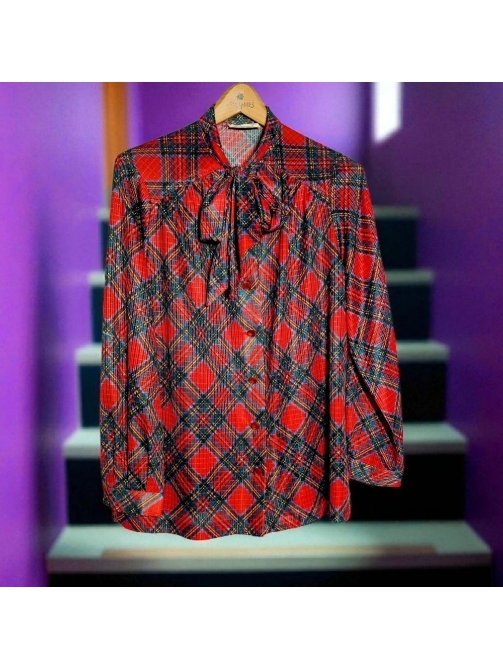 Vintage Phyllis Sidney XL Red Metallic Plaid Blouse with Bow Tie Shaker Sport